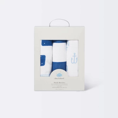 Muslin Swaddle Blankets By The Sea 3pk - Cloud Island™ Blue - Image 2