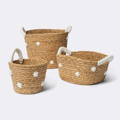 Braided Water Hyacinth With Tufted Embroidery Medium Round Storage Basket - Cloud Island™ - Image 3