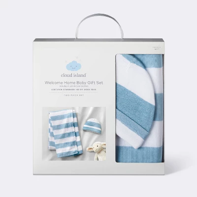 Hospital Muslin Swaddle Baby Blanket And Hat Gift Set - Blue And White Stripes - 2pk - Cloud Island™ - Image 3